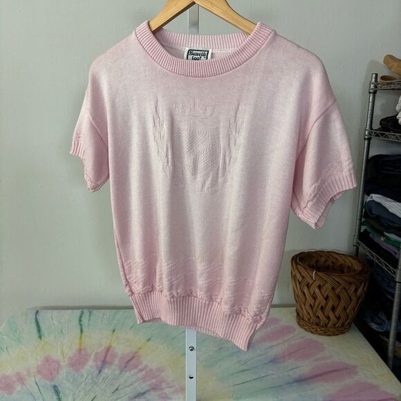 vintage Kenneth Too! Made in USA millennial pink shield Short Sleeve Sweater med - Picture 6 of 7